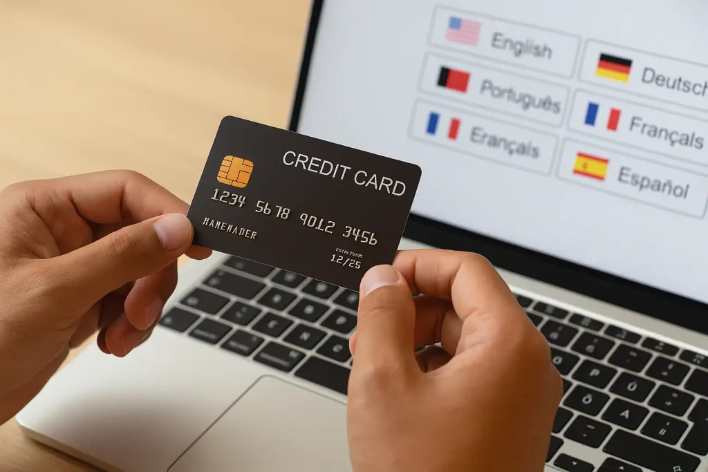 Realistische Szene von Händen, die eine Kreditkarte vor einem Laptop halten, Darstellung von Kreditkarten als Unterstützung für Migranten.