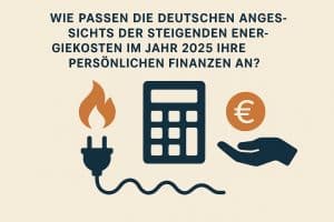 Illustration zum Thema steigende Energiekosten und persönliche Finanzen in Deutschland im Jahr 2025. Die Grafik zeigt einen Stromstecker mit Flamme als Symbol für teure Energie, einen Taschenrechner zur Kostenberechnung und eine ausgestreckte Hand mit einem Euro-Zeichen, die finanzielle Belastung und Budgetanpassungen darstellt. Keine realen Personen sind abgebildet.