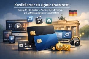 Illustration mit dem Titel ‚Kreditkarten für digitale Abonnements‘ und dem Untertitel ‚Kontrolle und exklusive Vorteile bei Streaming- und Softwarediensten in Deutschland‘. Im Vordergrund liegen zwei Kreditkarten (schwarz und blau) mit Chip neben Symbolen für Sicherheit und Einstellungen; daneben goldene Badges mit ‚VIP‘ und Prozentzeichen. Im Hintergrund stehen Monitor, Smartphone und Tablet mit Medien-Icons (Musik, Video, Download) sowie ein Laptop und Kopfhörer. Rechts ist das Brandenburger Tor mit wehender Deutschlandflagge zu sehen, in einem warmen, glühenden Licht- und Bokeh-Effekt.