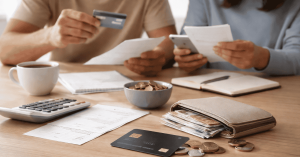 Zwei Personen vergleichen Rechnungen und Ausgaben am Tisch, nutzen Smartphone und Taschenrechner, während eine Kreditkarte, Bargeld und eine Geldbörse sichtbar das Haushaltsbudget darstellen.