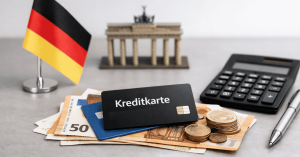 Kreditkarte auf Euro-Banknoten und Münzen, neben einem Taschenrechner und der Flagge Deutschlands, die die Nutzung einer Kreditkarte und das Finanzmanagement in Deutschland symbolisieren.