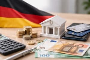 Bankminiatur mit Euro-Symbol auf einem Tisch neben gestapelten Münzen, Euro-Banknoten, Taschenrechner und Kreditkarten auf einem Smartphone, mit der deutschen Flagge im Hintergrund, was den Vergleich von Finanzdienstleistungen, Betriebskosten und die Rolle von Banken im deutschen Bankensystem darstellt.