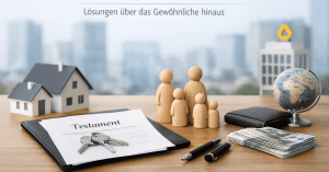 Finanzielle Vorsorge und Nachlassplanung in Deutschland mit Fokus auf banken, dargestellt durch Testament, Hausschlüssel, Familienfiguren, Bargeld, Stift, Geldbörse und Wohnhäuser als Symbol für Vermögensverwaltung und familiäre Absicherung.