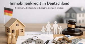 Immobilienkredit in Deutschland mit familiärem Fokus: Zu sehen sind ein Holzhaus-Modell mit kleiner Deutschlandflagge, eine stilisierte Familie aus Holzfiguren, ein Dokument mit der Überschrift „Kreditvertrag“, ein Schlüsselbund mit Hausanhänger sowie Euro-Banknoten und Münzen. Rechts liegt ein Richterhammer auf dem Tisch, im Hintergrund ein weiteres Hausmodell – Symbole für Banken, rechtliche Rahmenbedingungen und finanzielle Entscheidungen rund um Baufinanzierung und Eigentum.