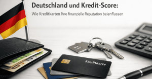 Deutschland und Kredit-Score mit deutscher Flagge, Geldbörse mit Euro-Banknoten, mehreren Kreditkarte auf dem Tisch, Schlüsseln und Taschenrechner – symbolisch für den Einfluss der Kreditkarte auf die finanzielle Reputation in Deutschland.