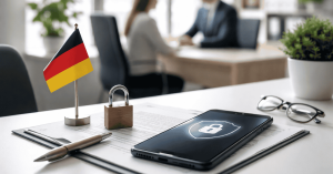 Smartphone with security lock on screen, documents and German flag on desk, representing digital protection and services provided by Banken.
