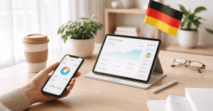 Person using smartphone and tablet with financial charts near German flag, representing digital Finanzen tracking and personal budgeting.