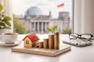 Münzstapel mit wachsender Pflanze und Miniaturhaus auf einem Buch vor dem Reichstag in Berlin – Symbol für Investitionen und Finanzen in Deutschland.