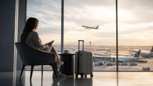 Die Bildszene zeigt eine elegante und ruhige Atmosphäre in einer modernen Flughafenlounge. Eine Reisende sitzt mit Smartphone und Koffer vor großen Fenstern, während im Hintergrund ein Flugzeug startet. Das minimalistische und realistische Motiv vermittelt Komfort, Premiumreisen und die Idee eines intelligenten Reiseerlebnisses, passend zum Thema Bonusprogramme, Mobilität und Kreditkarte.