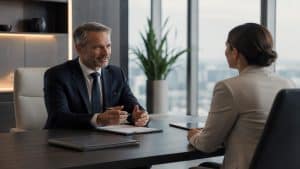 Die Bildszene zeigt eine elegante und minimalistische Beratungssituation in einem modernen Büro. Ein Finanzberater spricht mit einer Kundin an einem stilvollen Konferenztisch vor großen Fenstern mit Stadtblick. Die ruhige und professionelle Atmosphäre vermittelt Exklusivität, Vertrauen und die moderne Ausrichtung heutiger Banken und individueller Vermögensverwaltung.