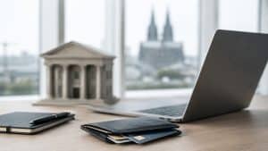Modernes, minimalistisches Büro mit geöffnetem Laptop auf einem hellen Holztisch und einer Geldbörse, aus der eine Kreditkarte teilweise sichtbar ist. Im Hintergrund befinden sich ein architektonisches Modell eines Finanzinstituts sowie eine unscharfe deutsche Stadtkulisse, die den technologischen Wandel im Finanzsektor symbolisiert. Die ruhige Komposition mit weichem Licht und klaren Details veranschaulicht die Entwicklung datenbasierter Analyseverfahren bei der Bewertung von Kreditrahmen in Deutschland, ohne Texte, Diagramme oder numerische Elemente.